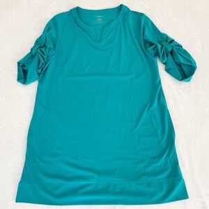 L.L. Bean Women's Tunic Dress Roll-Tab Sleeves Teal L Reg V-Neck Side Pockets